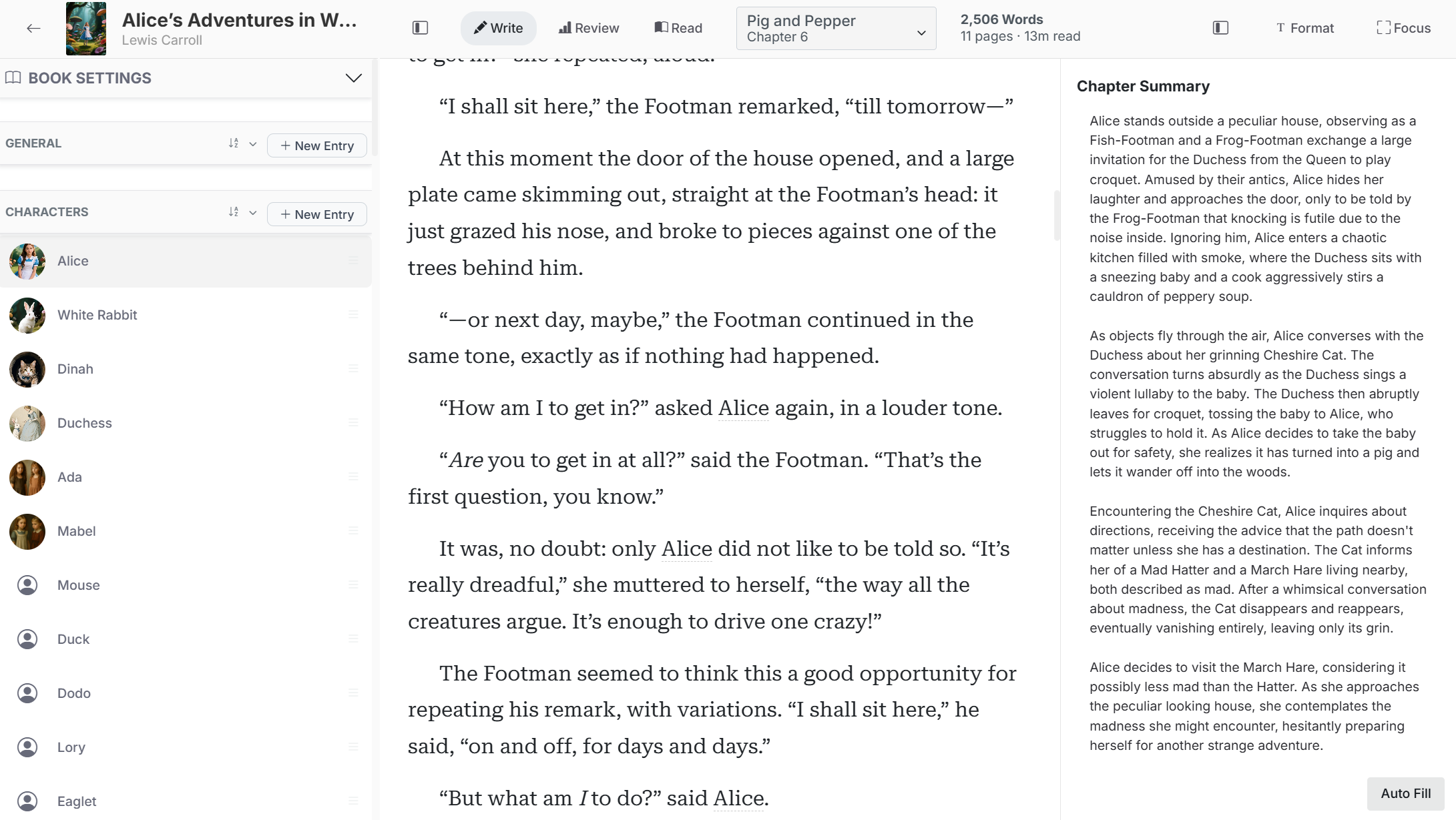 The BookCoverZone Writer writing editor with a chapter open and story codex in the sidebar